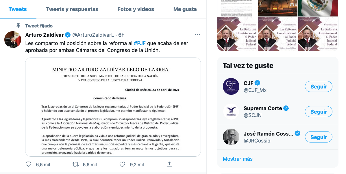 Twitter del ministro zaldívar