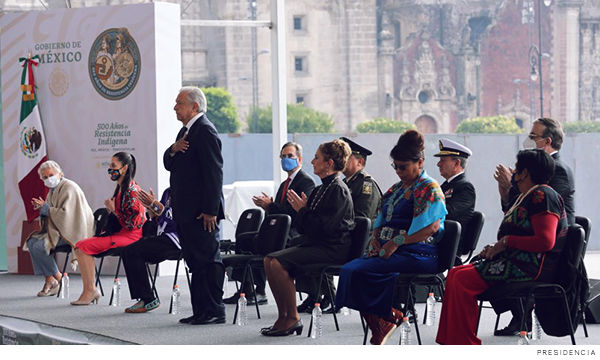 Amlo durante la celebración de la ceremonia 500 años de resistencia indígena; 1521, México-Tenochtitlán