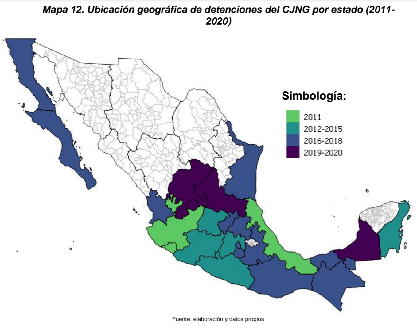 ubicación geográfica de detenciones del Cártel Jalisco Nueva Generación por estado