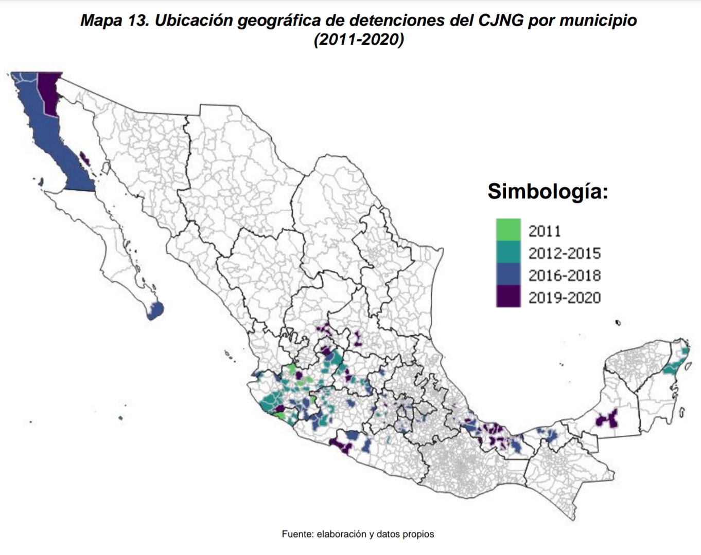 Ubicación geográfica de detenciones del Cártel Jalisco Nueva Generación por municipio