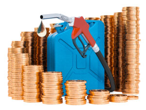 galón de combustible rodeado de monedas